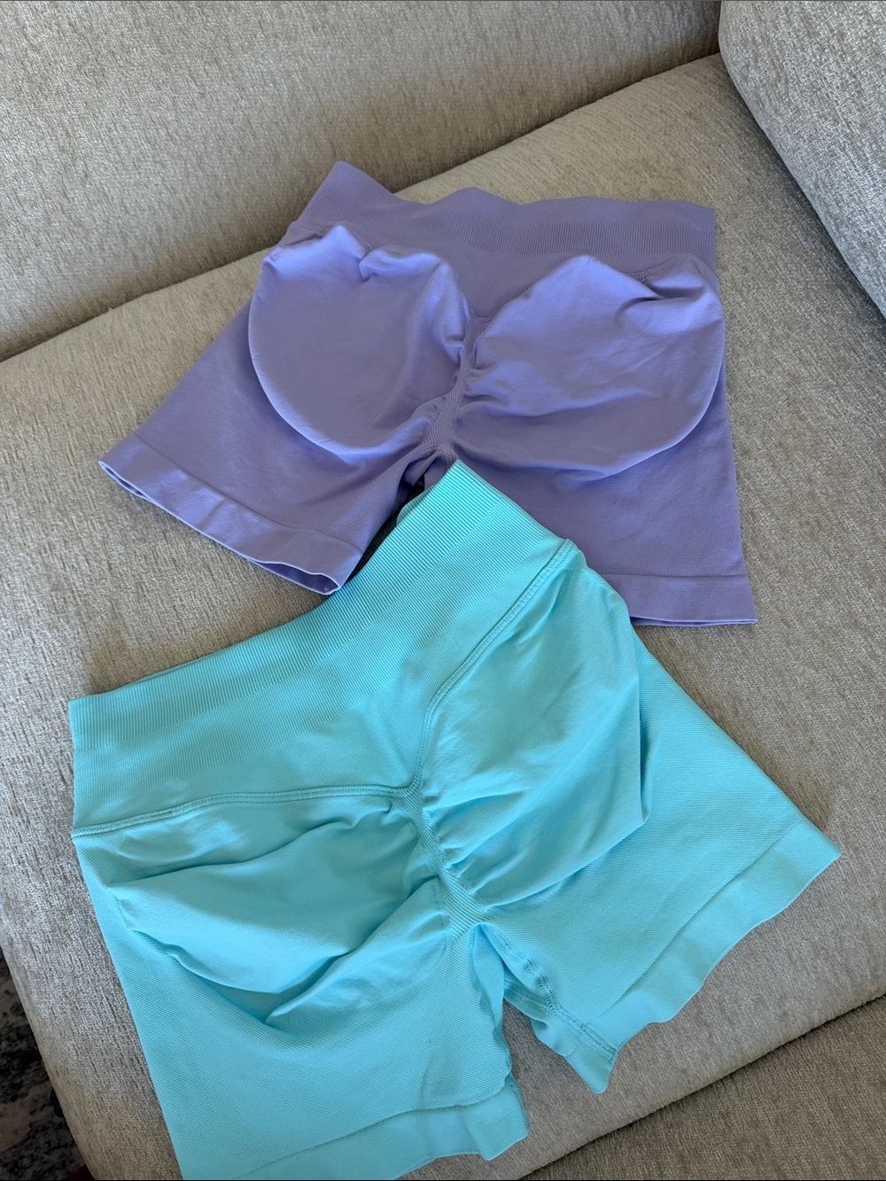 Women’s Athletic Scrunch-Back Bike Shorts in Lavender and Aqua